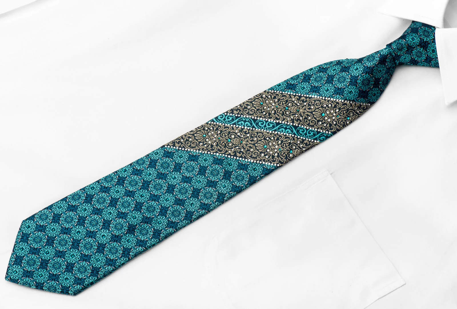 Perry Ellis Men's Crystal Silk Tie Turquoise Gold Cartouche With Silver Sparkles - Image 6