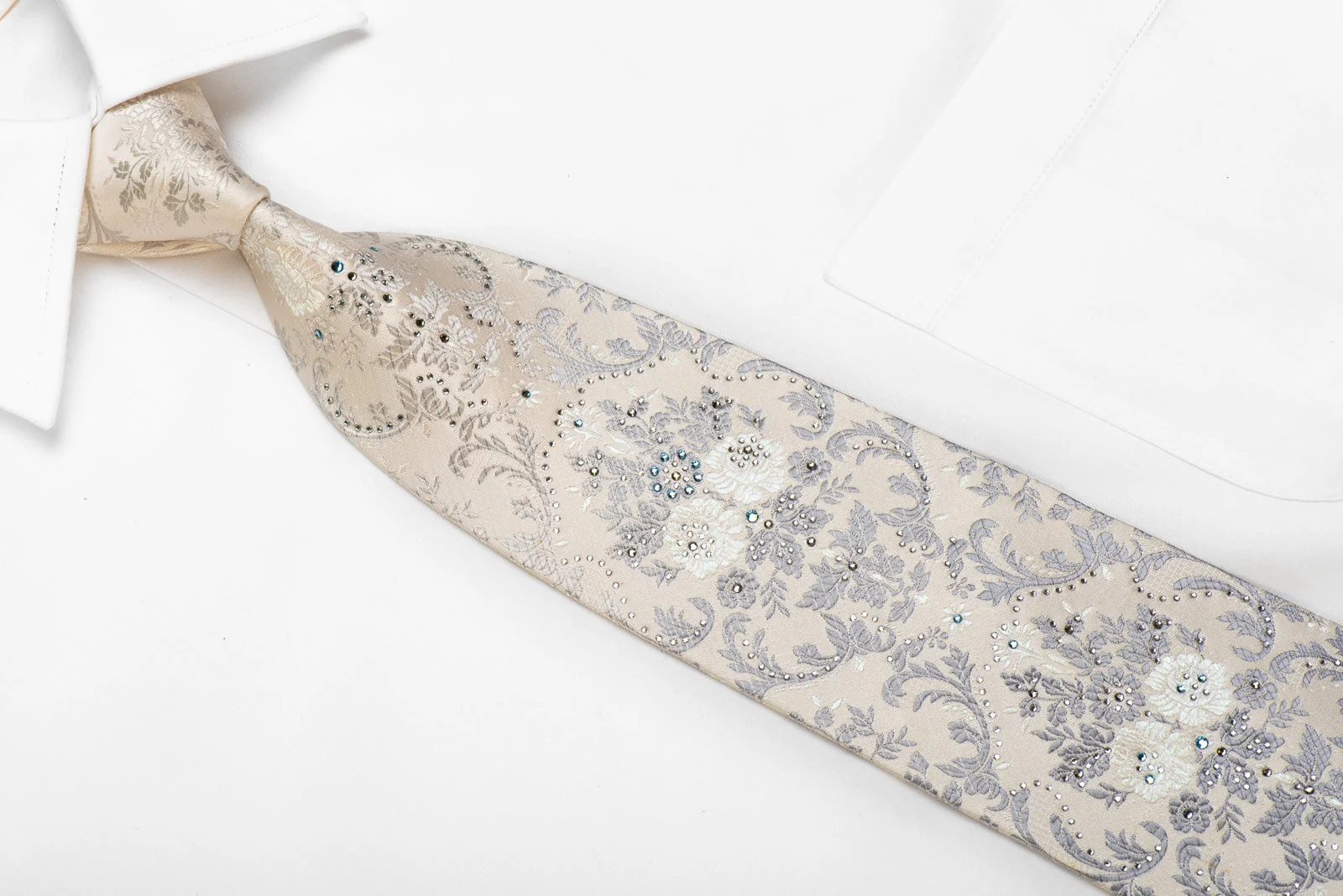 Perry Ellis Men's Crystal Tie Silver Floral Damask On White Sparkling With Rhinestones - Image 2