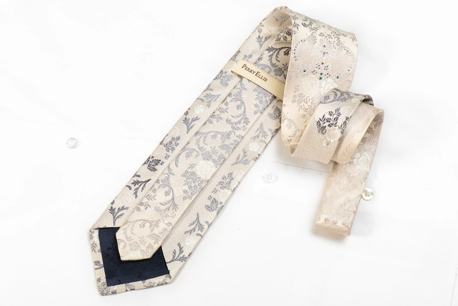 Perry Ellis Men's Crystal Tie Silver Floral Damask On White Sparkling With Rhinestones - Image 4