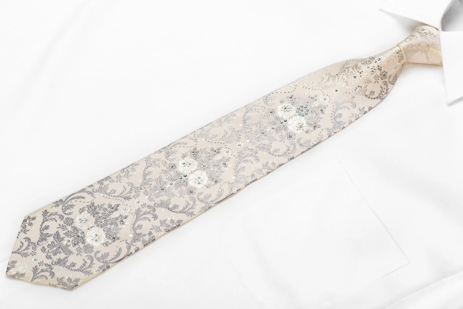 Perry Ellis Men's Crystal Tie Silver Floral Damask On White Sparkling With Rhinestones - Image 5