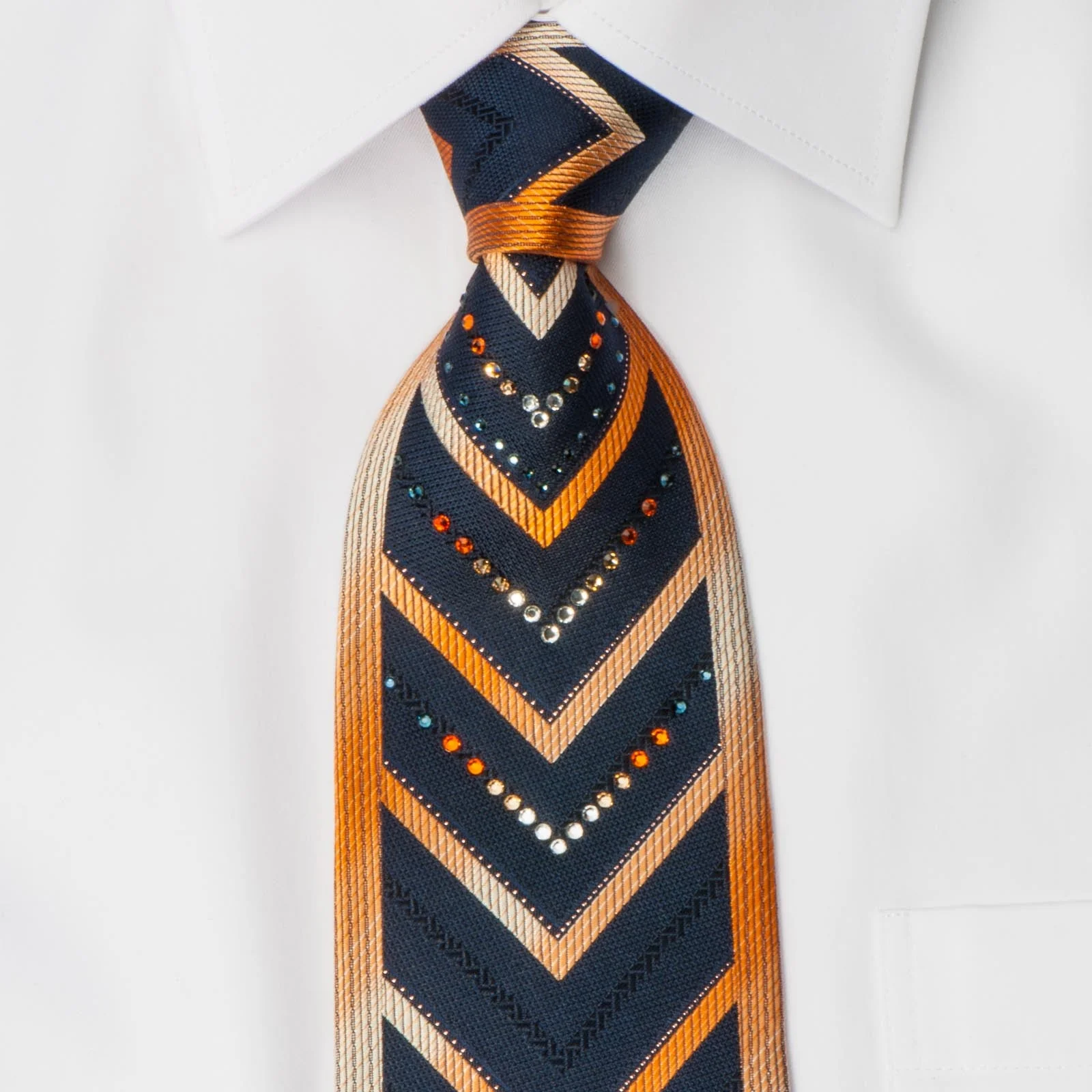 Perry Ellis Men's Rhinestone Silk Necktie Orange Chevron V Stripes On Black Silk - Image 3