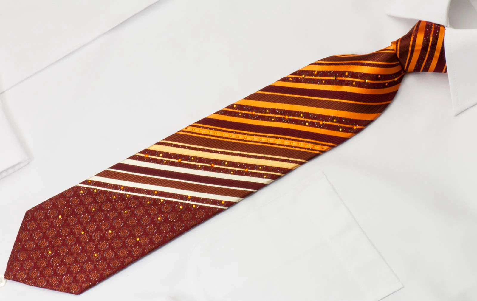 Perry Ellis Men's Rhinestone Silk Necktie Orange Stripes On Burgundy With Blue Sparkles - Image 3