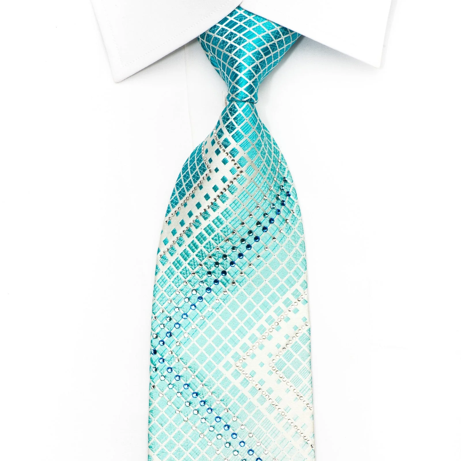 Perry Ellis Men's Rhinestone Silk Tie Blue Geometric Chevron On White With Silver Sparkles