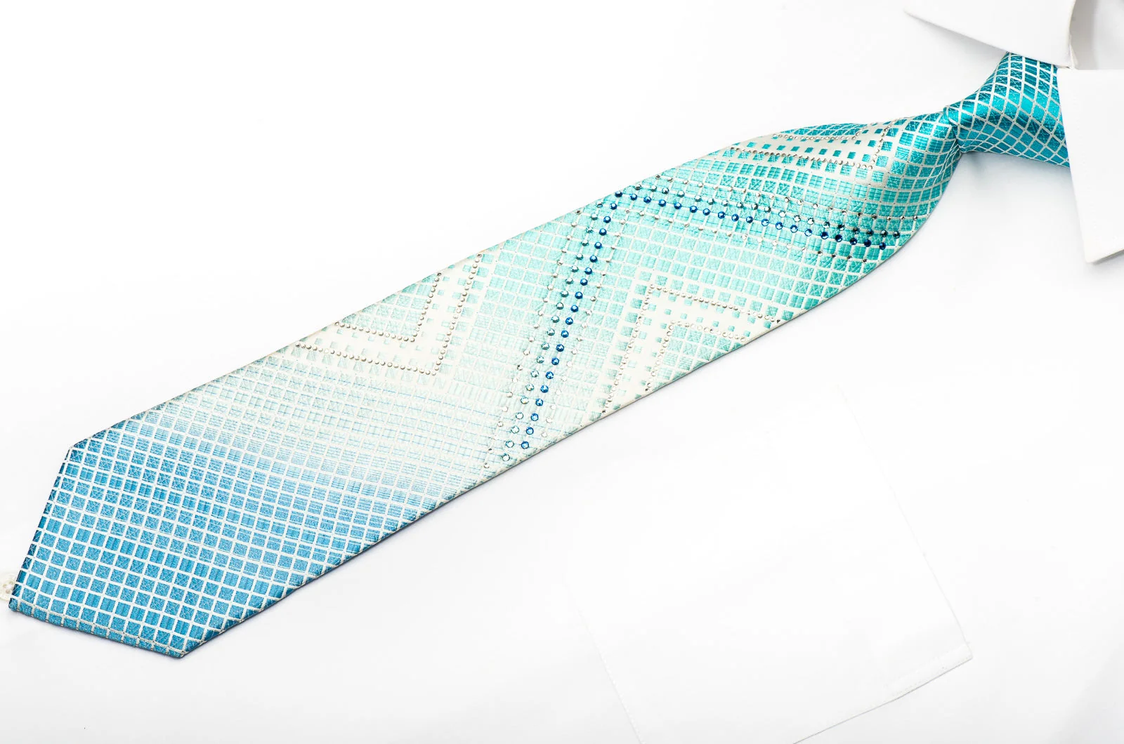Perry Ellis Men's Rhinestone Silk Tie Blue Geometric Chevron On White With Silver Sparkles - Image 2