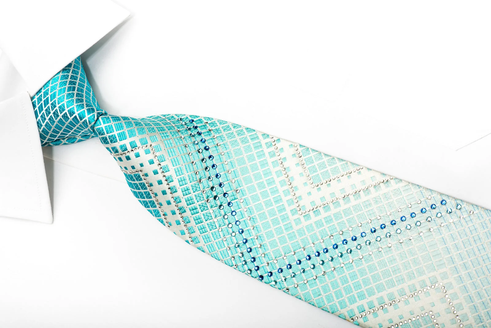Perry Ellis Men's Rhinestone Silk Tie Blue Geometric Chevron On White With Silver Sparkles - Image 3