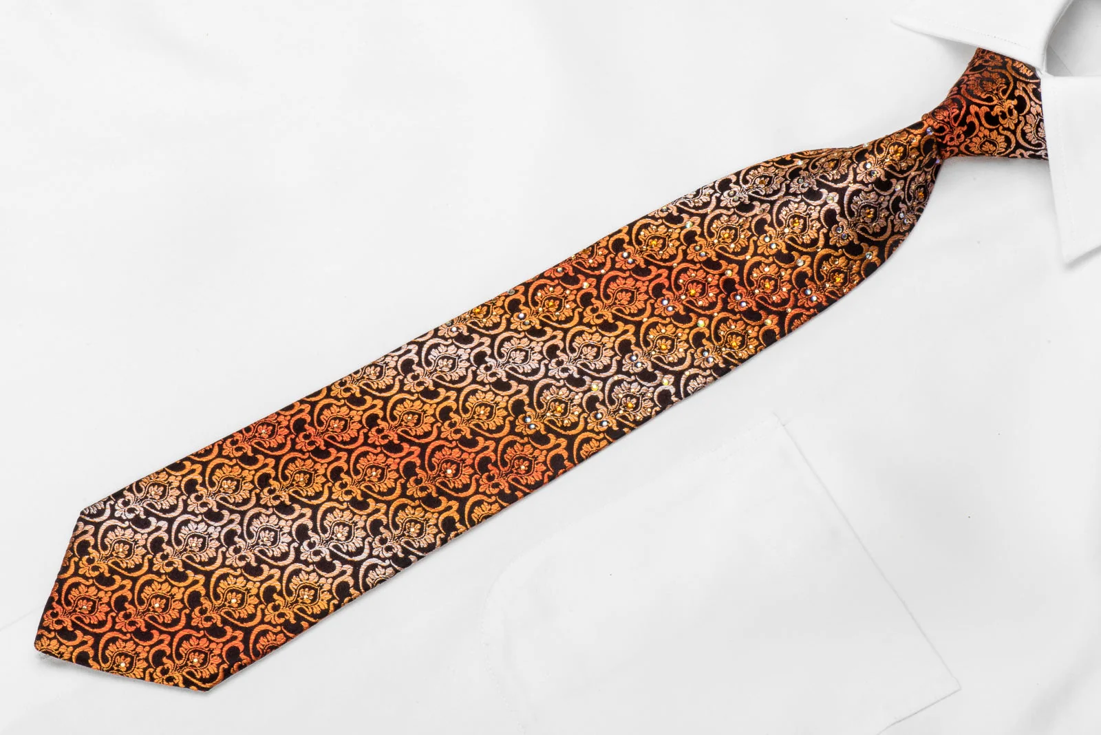 Perry Ellis Men's Silk Crystal Tie Orange Damask On Black - Image 4
