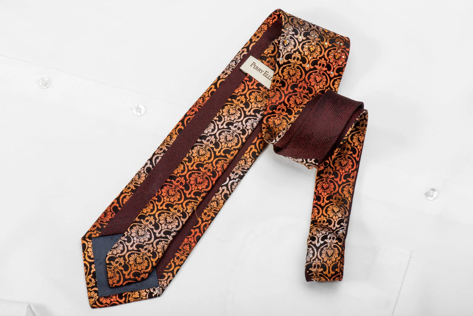 Perry Ellis Men's Silk Crystal Tie Orange Damask On Black - Image 6