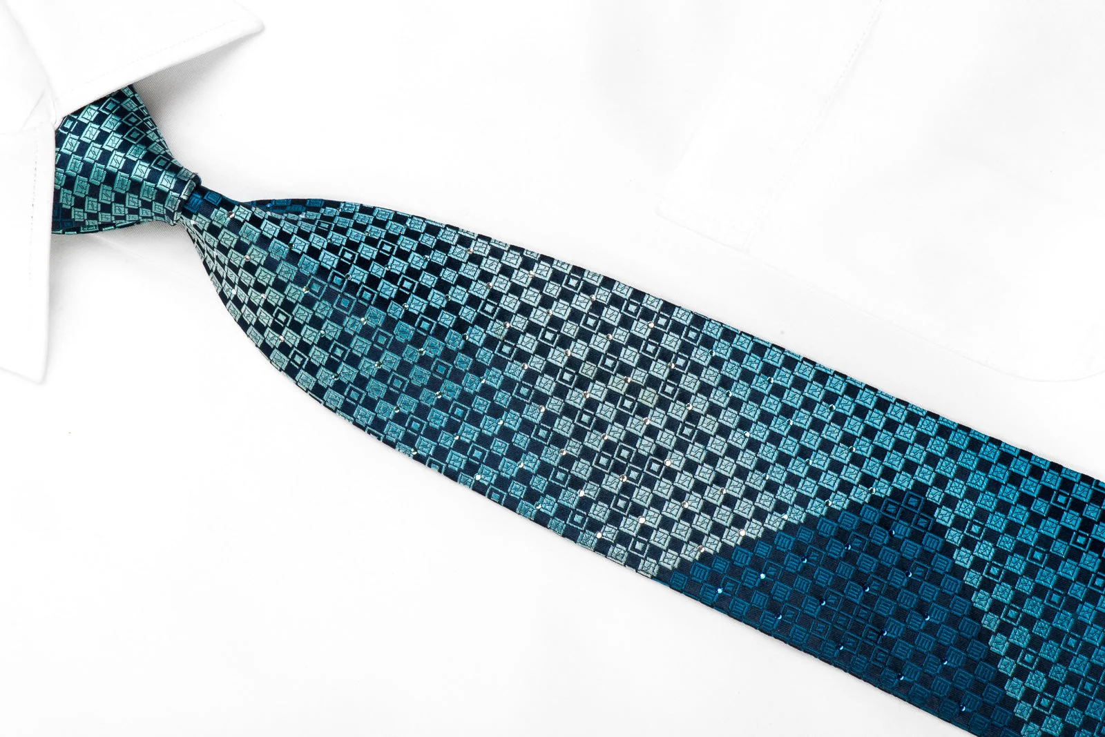 Perry Ellis Men's Silk Necktie Checkered On Blue Sparkling With Crystal Rhinestones - Image 3