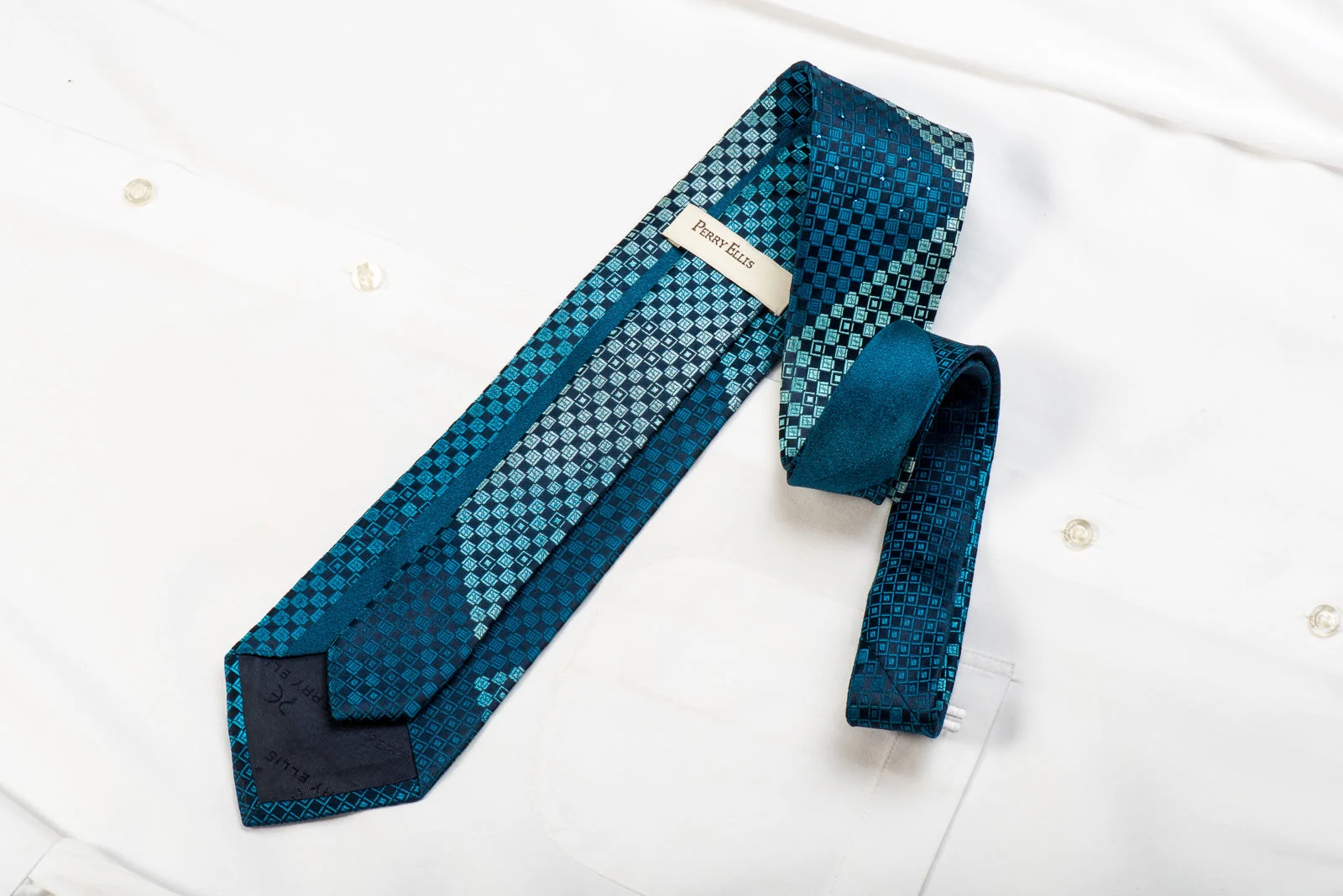Perry Ellis Men's Silk Necktie Checkered On Blue Sparkling With Crystal Rhinestones - Image 4