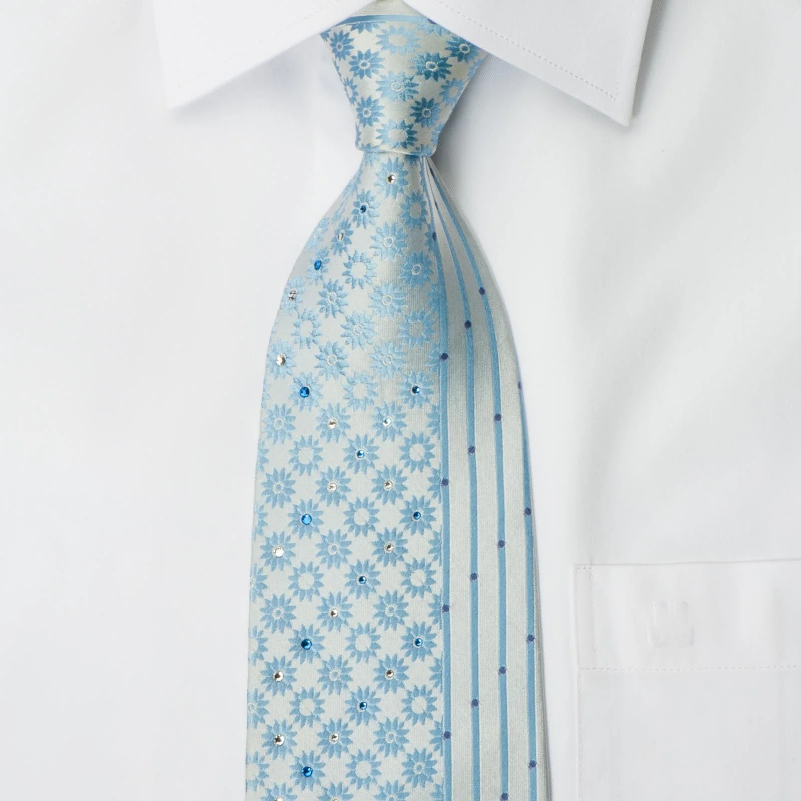 Perry Ellis Men's Silk Necktie Floral Design On Light Blue With Rhinestones - Image 5