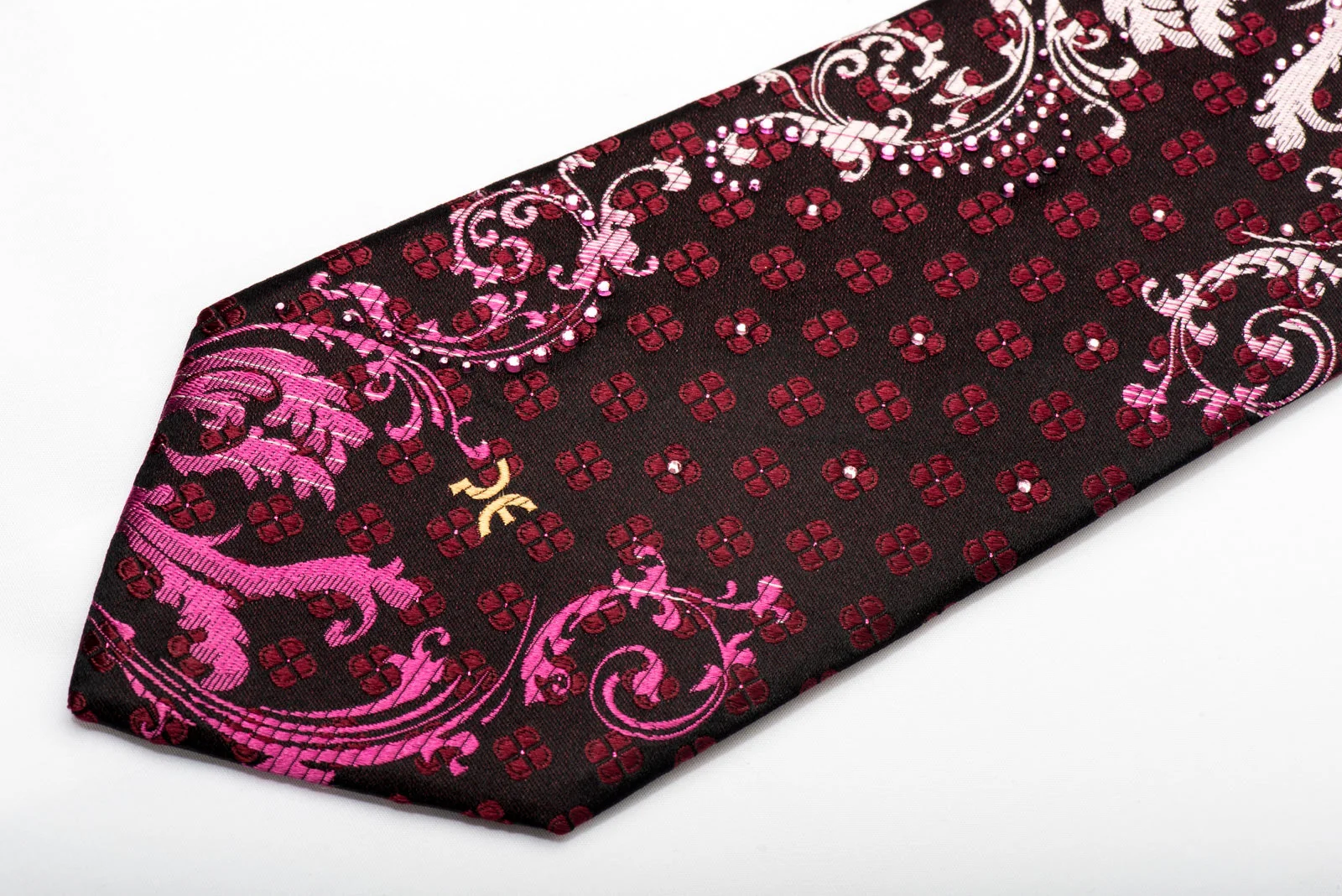 Perry Ellis Men's Silk Necktie Silver Acanthus On Black Burgundy Sparkling With Rhinestones - Image 5