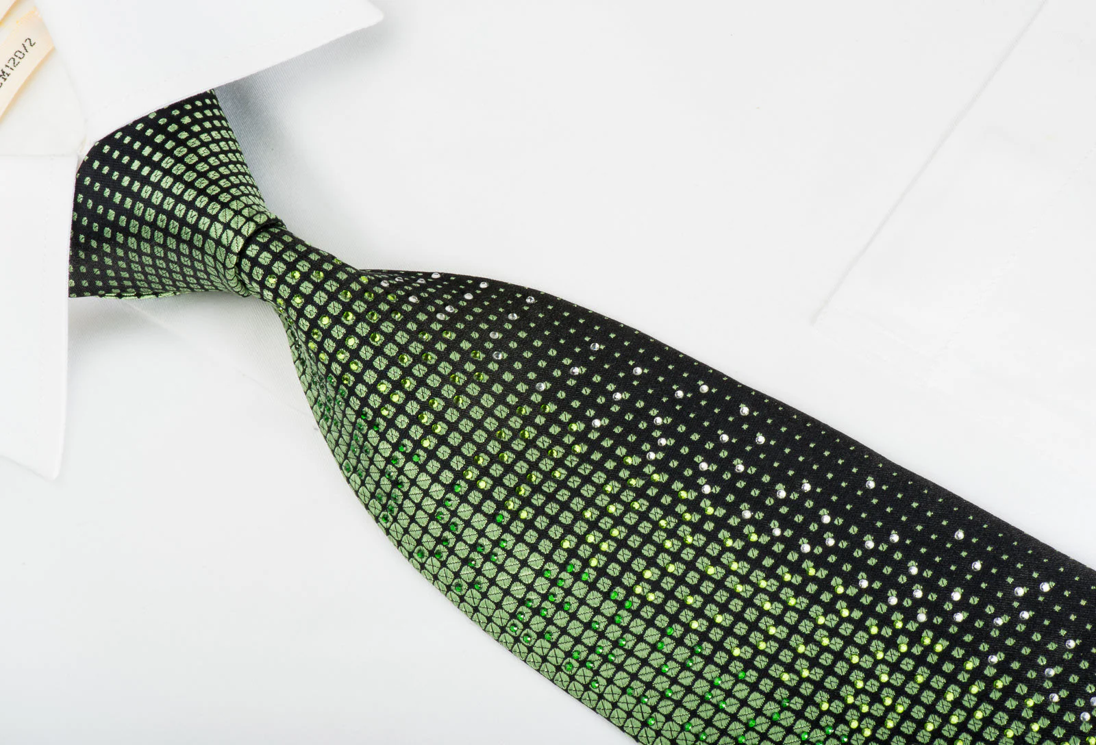 Perry Ellis Men's Silk Tie Emerald Green Geometric Matrix On Black With Rhinestones - Image 4