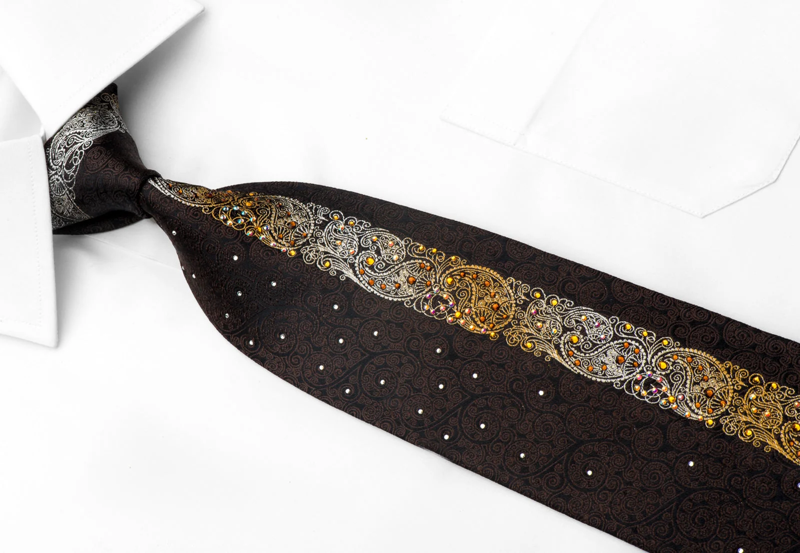 Perry Ellis Men's Silk Tie Orange Paisley Brown Filigree On Black Sparkling With Rhinestones - Image 3
