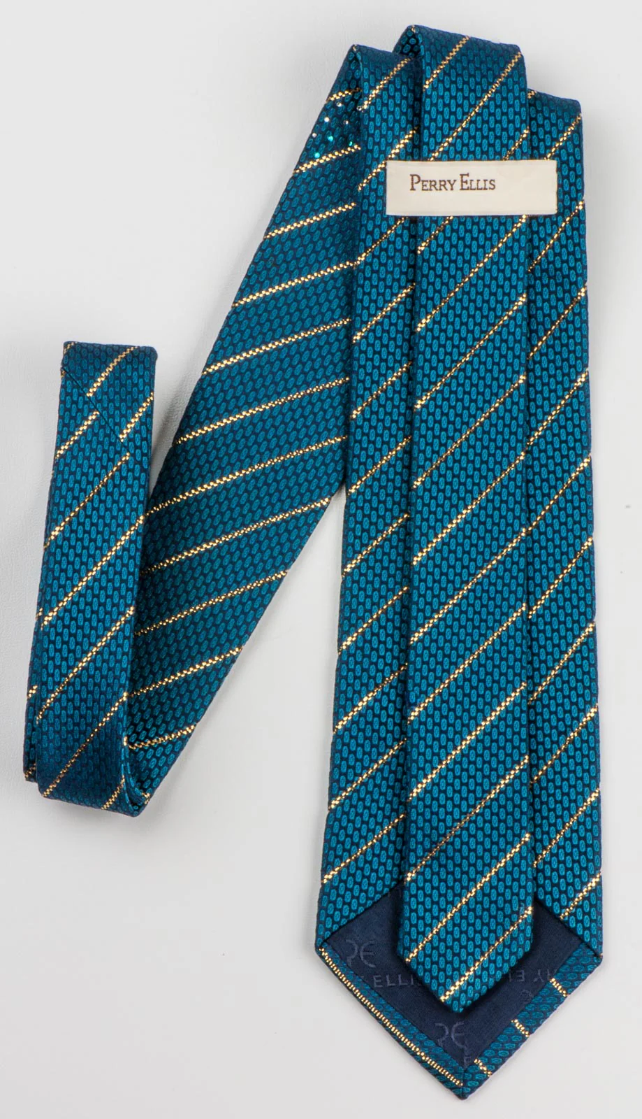 Perry Ellis Men's Woven Silk Rhinestone Tie Metallic Golden Stripes On Turquoise Necktie - Image 7