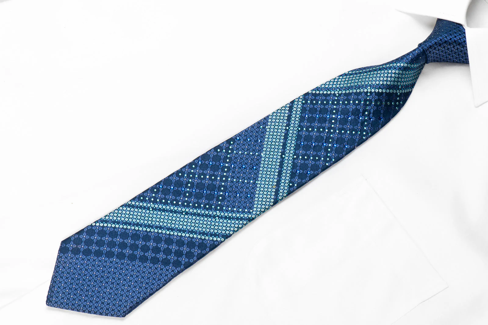 Perry Ellis Mens Crystal Rhinestone Silk Necktie Geometric On Blue With Sparkles - Image 3