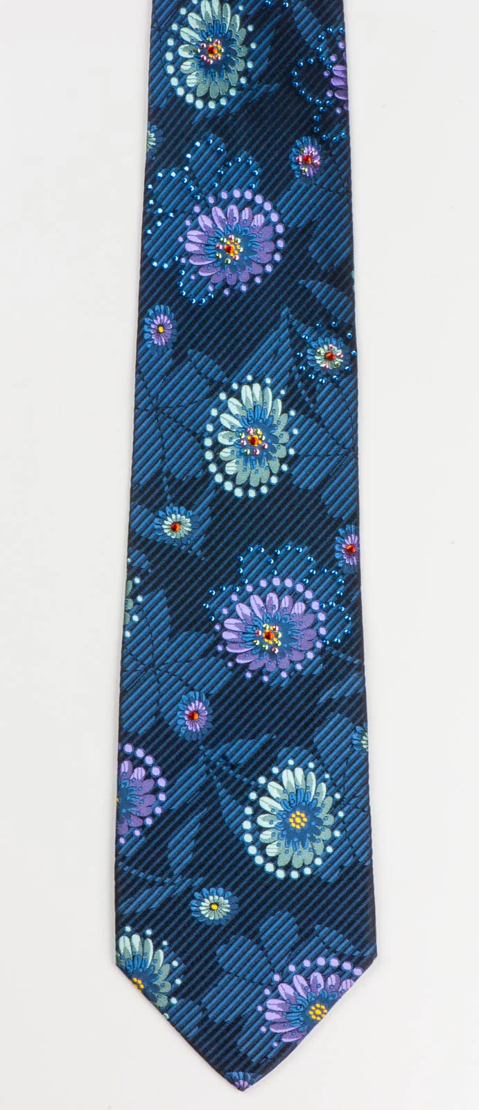 Perry Ellis Neck Tie Purple & Green Floral Design On Blue With Rhinestones - Image 4