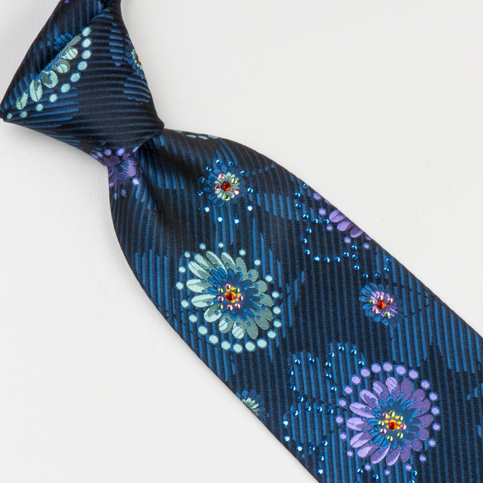 Perry Ellis Neck Tie Purple & Green Floral Design On Blue With Rhinestones - Image 5