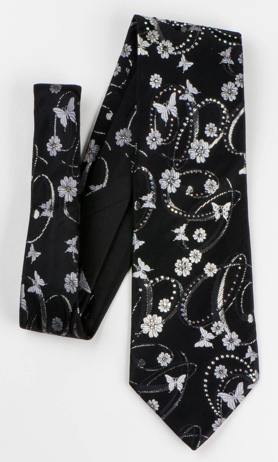 Perry Ellis Necktie Silver Floral & Butterflies On Black Silk With Rhinestones - Image 6