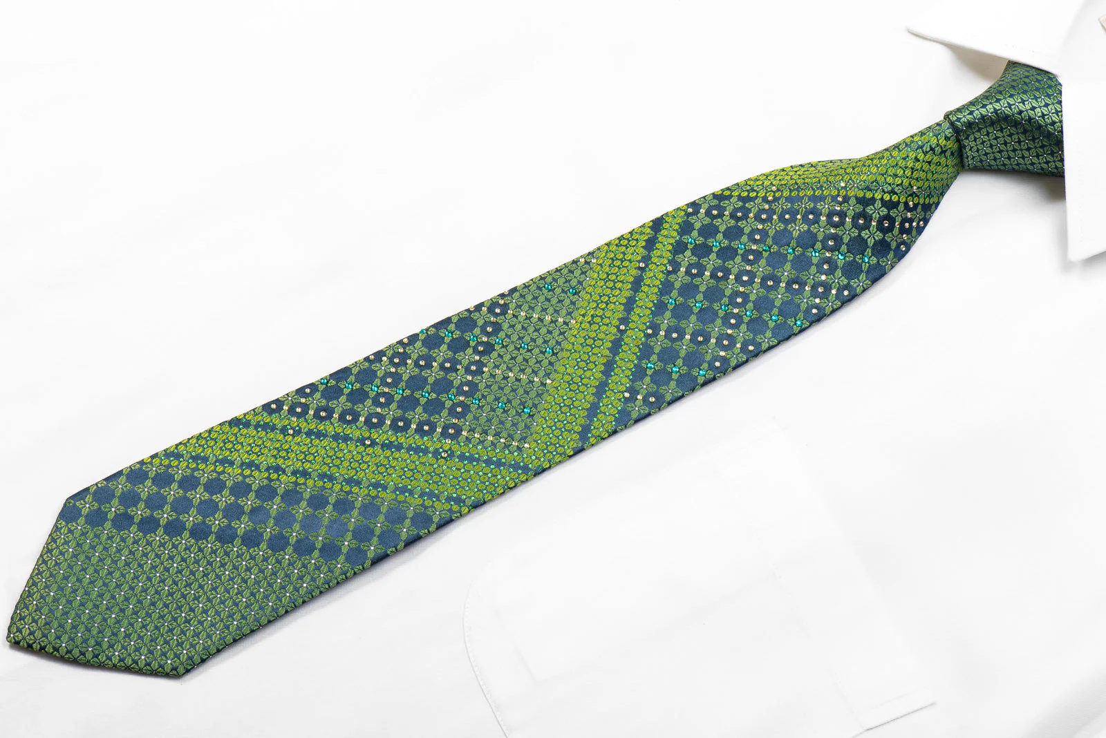 Perry Ellis Rhinestone Necktie Geometric On Green With Sparkles - Image 3