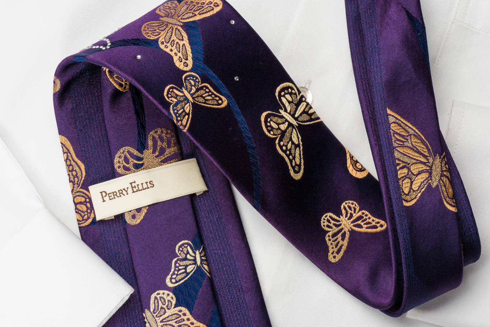 Perry Ellis Rhinestone Necktie Golden Butterflies On Purple With Golden Sparkles - Image 5