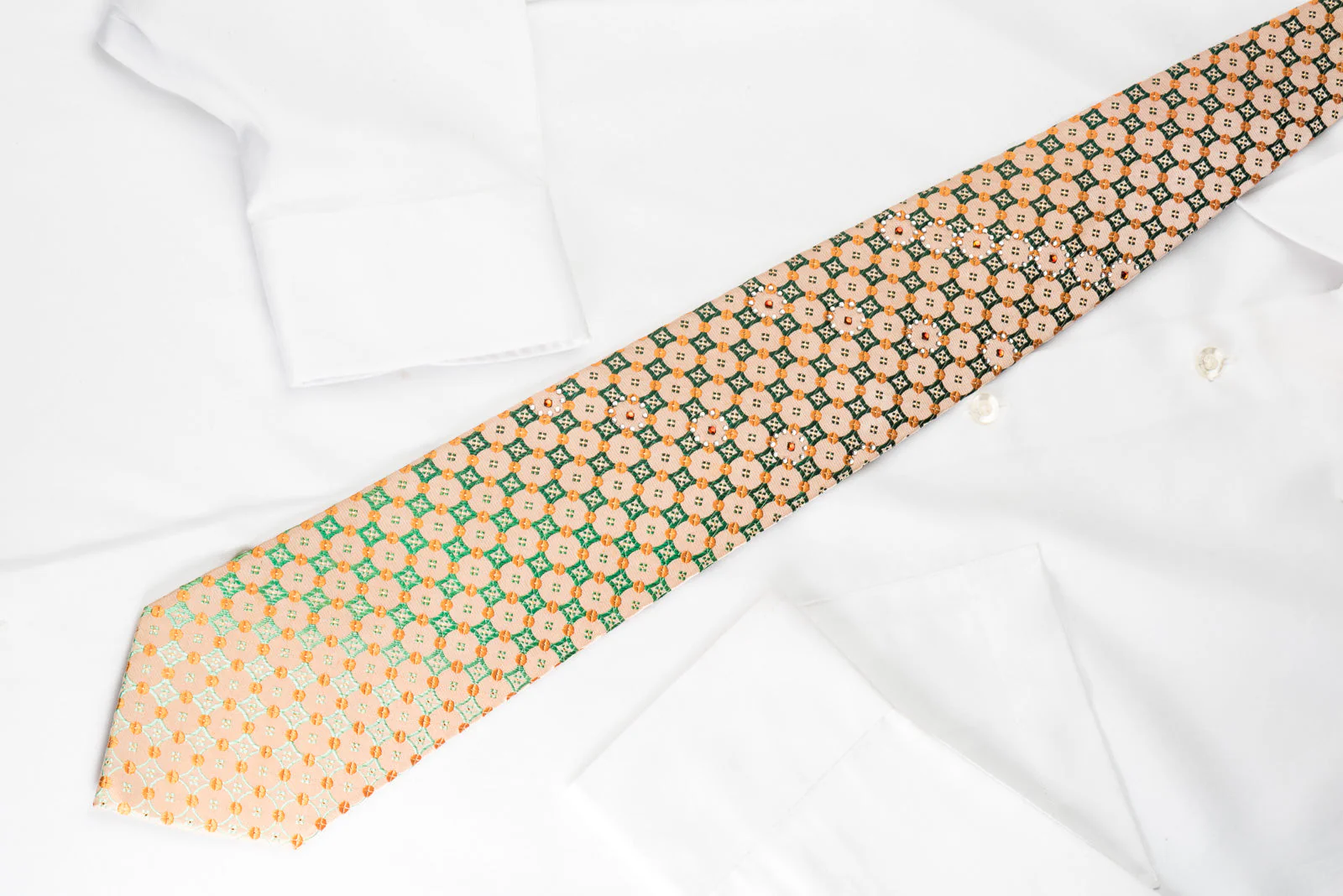 Perry Ellis Rhinestone Necktie Green Checker Foulard On Peach With Silver Sparkles - Image 3