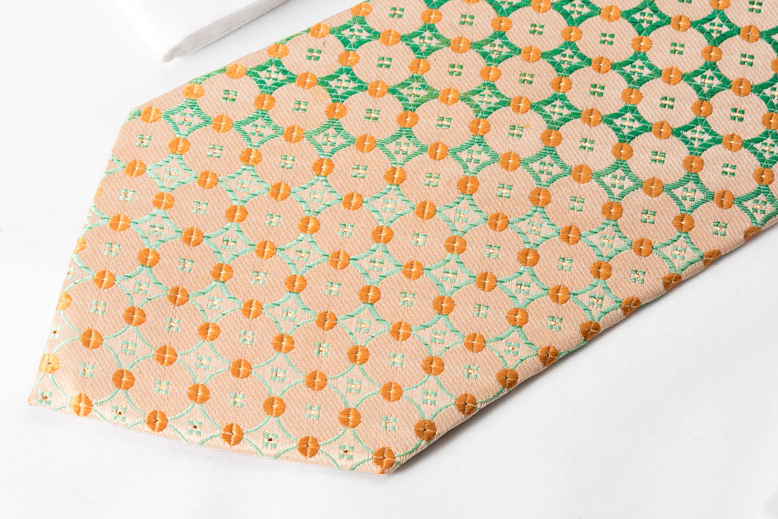 Perry Ellis Rhinestone Necktie Green Checker Foulard On Peach With Silver Sparkles - Image 6