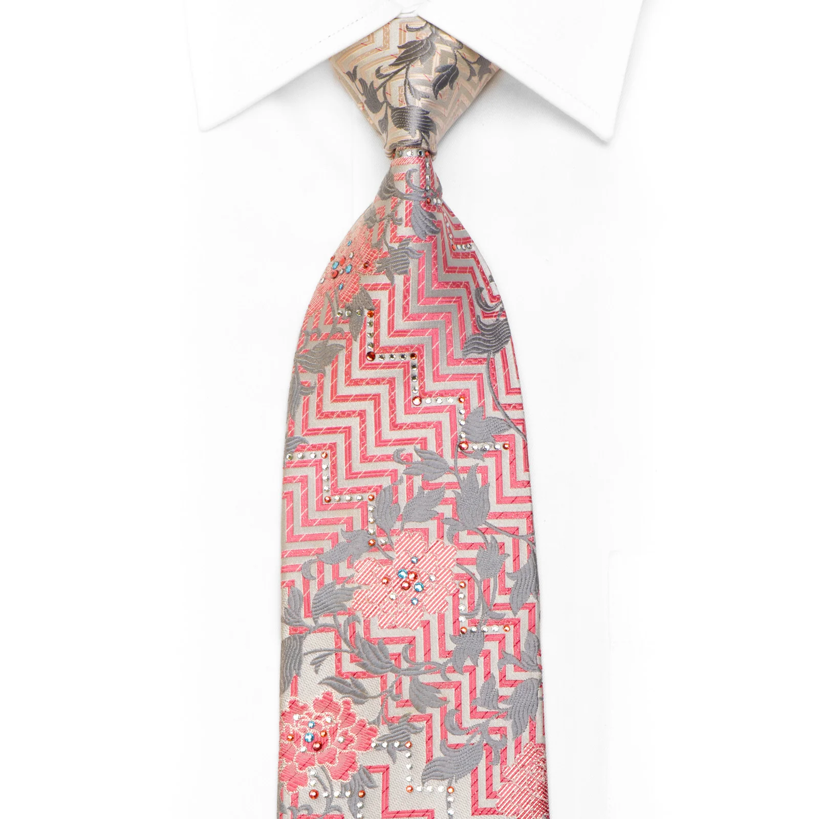 Perry Ellis Rhinestone Necktie Pink Chevron Floral On Silver With Sparkles