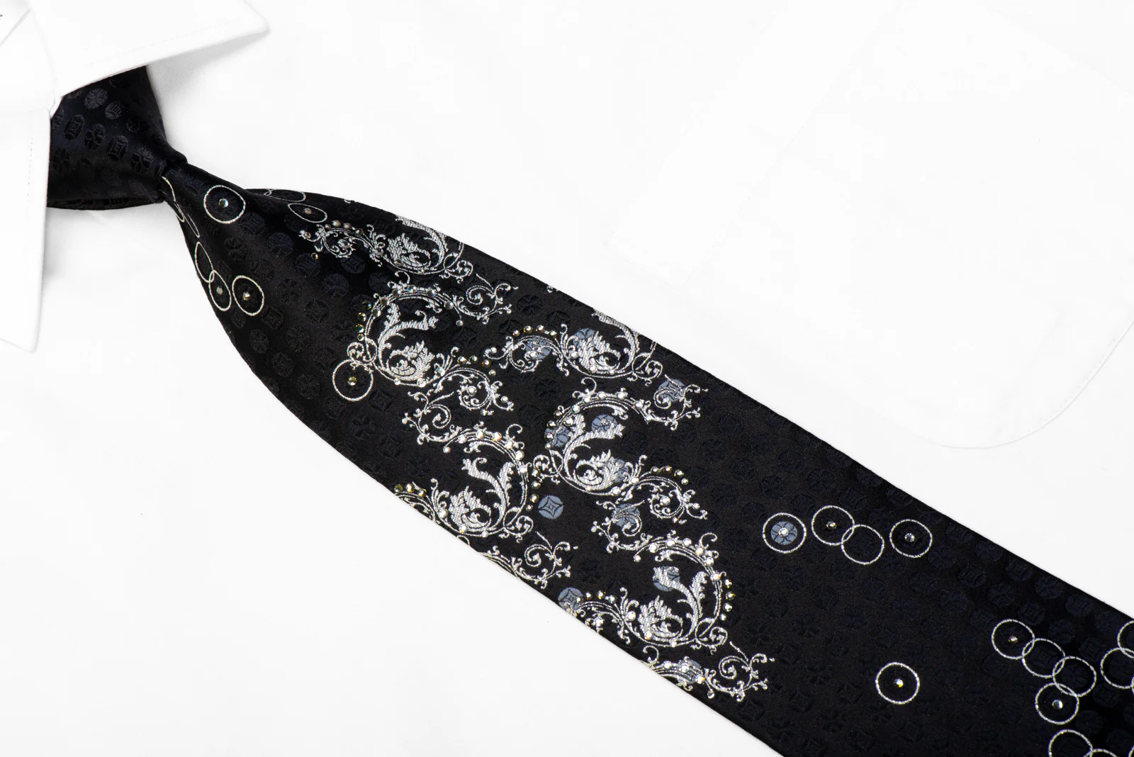 Silver Acanthus Scrolls On Black Rhinestone Necktie With Sparkles - Image 2