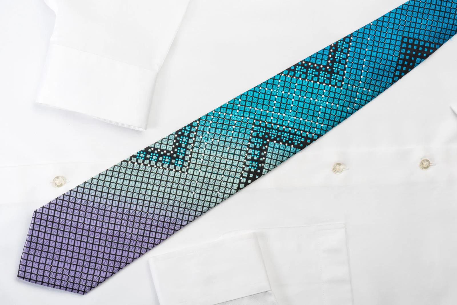 Perry Ellis Rhinestone Necktie Turquoise Geometric Checker On Black With Silver Sparkles - Image 2