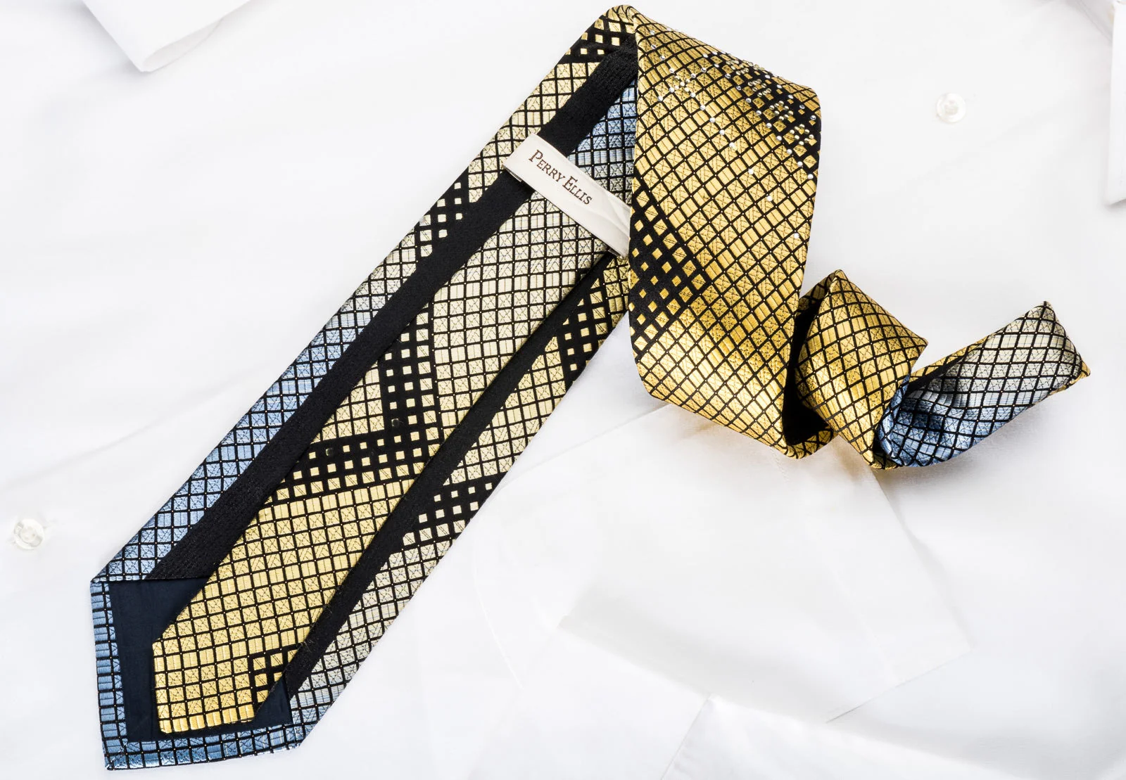 Perry Ellis Rhinestone Necktie Yellow Blue Geometric Squares On Black With Silver Sparkles - Image 3