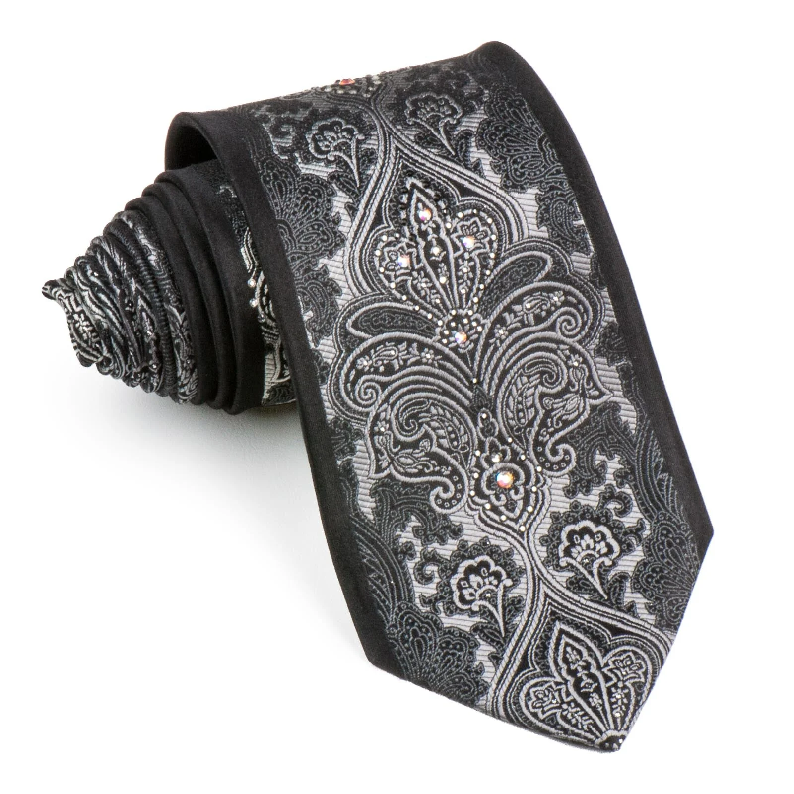 Perry Ellis Rhinestone Silk Neck Tie Silver Damask On Black With Mirrors Classic 3 1/2 Inch