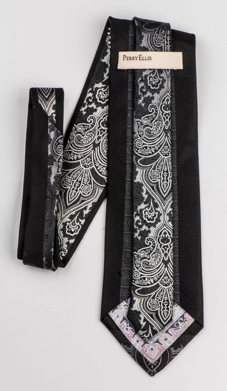 Perry Ellis Rhinestone Silk Neck Tie Silver Damask On Black With Mirrors Classic 3 1/2 Inch - Image 9