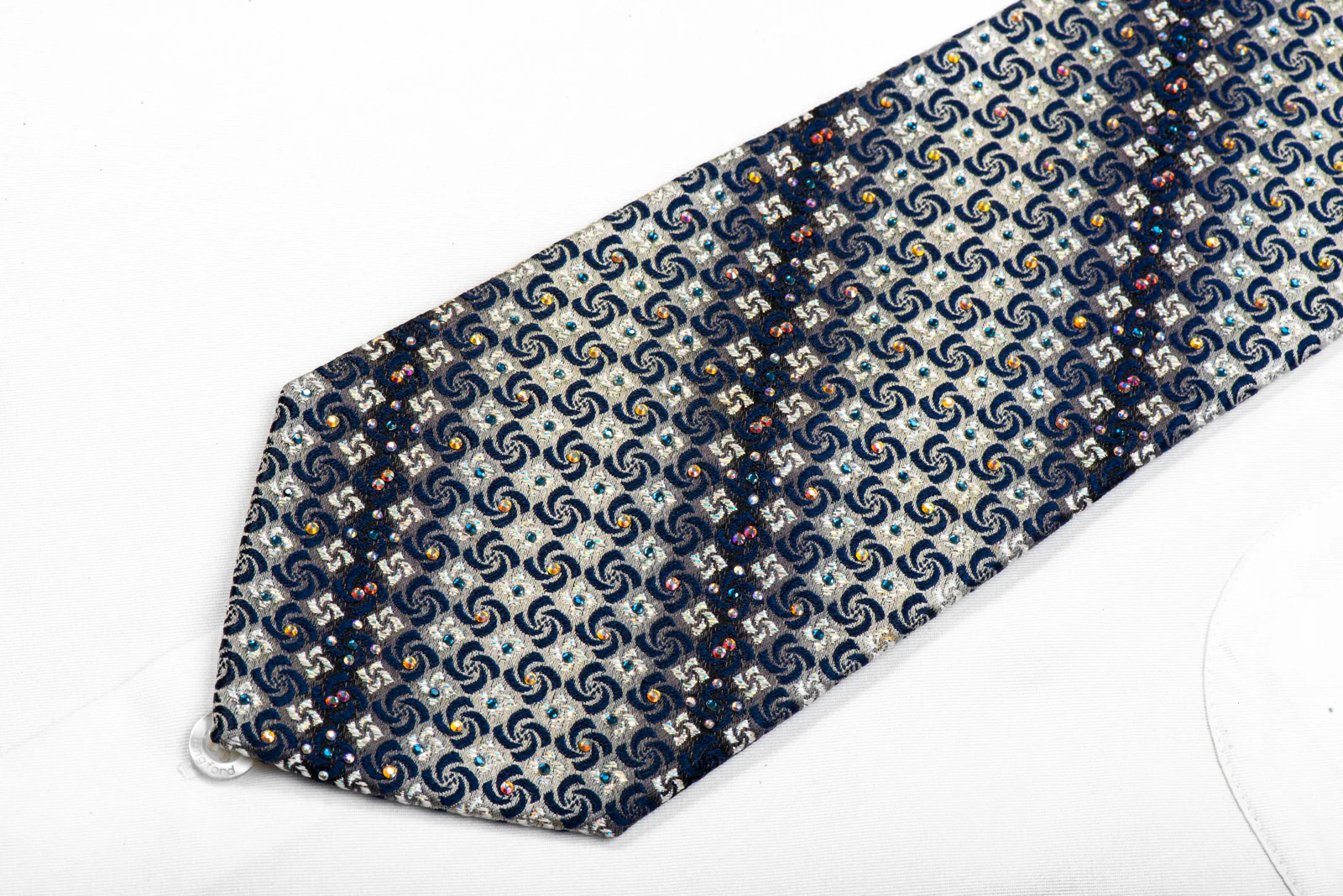 Perry Ellis Rhinestone Silk Necktie Blue Geometric On Silver With Sparkles - Image 4