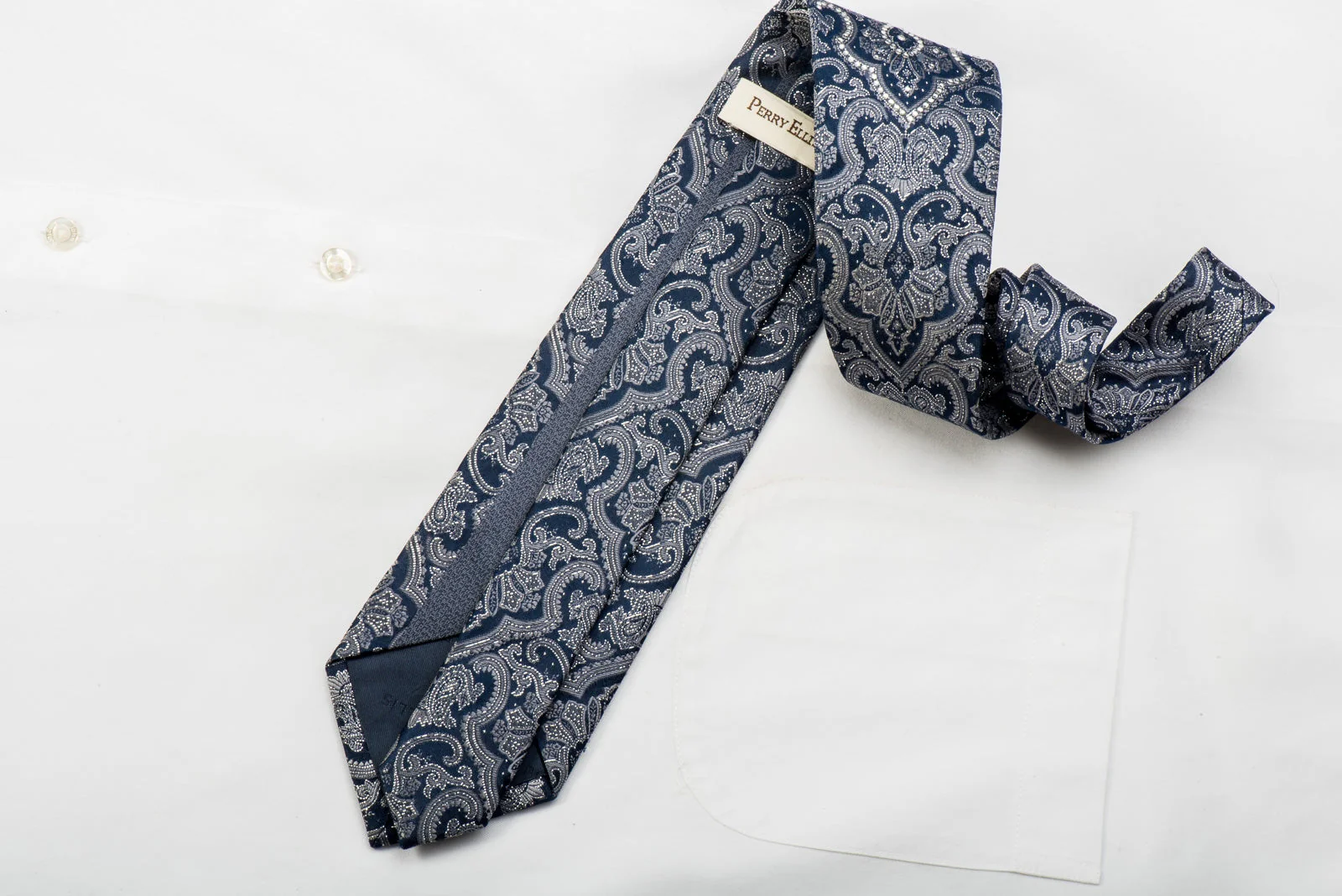 Perry Ellis Rhinestone Silk Necktie Damask On Navy With Silver Sparkles - Image 5