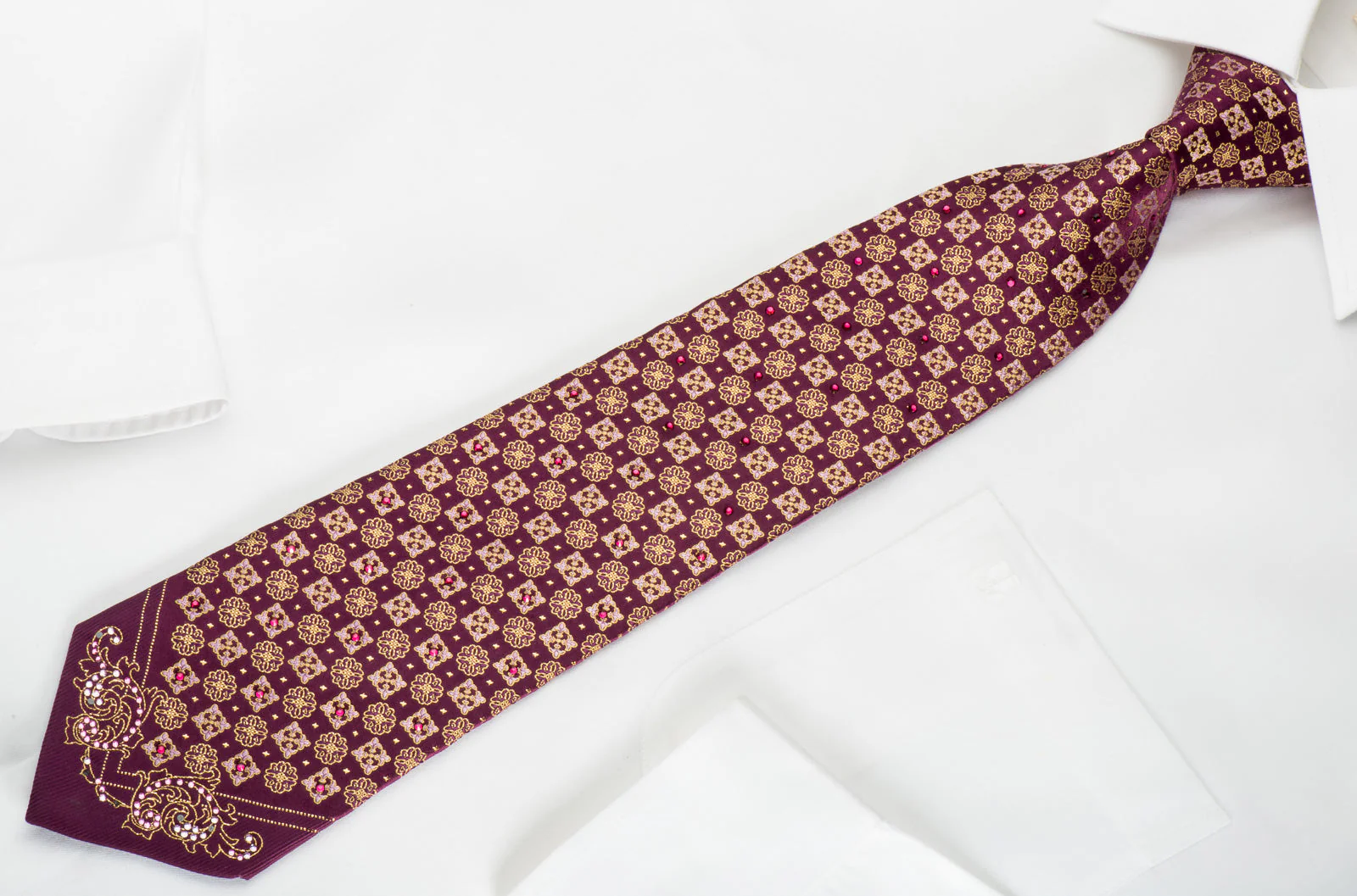 Perry Ellis Rhinestone Silk Necktie Flur de Lis On Purple With Gold Sparkles - Image 5