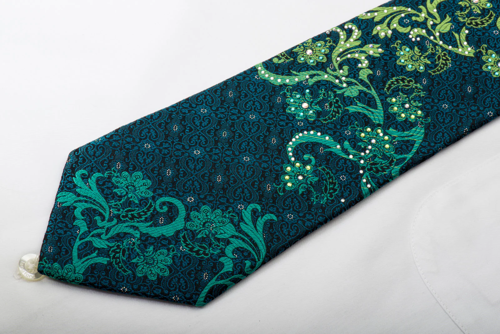 Perry Ellis Rhinestone Silk Necktie Green Turquoise Acanthus On Black With Silver Sparkles - Image 4