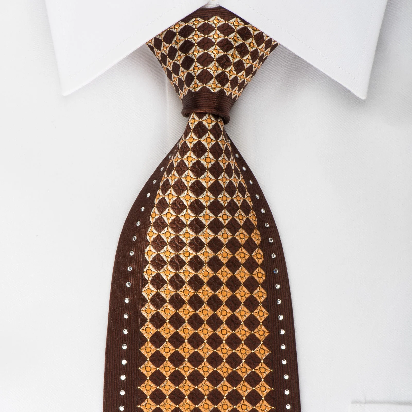 Perry Ellis Rhinestone Silk Necktie Okra Checkered On Brown With Gold Sparkles