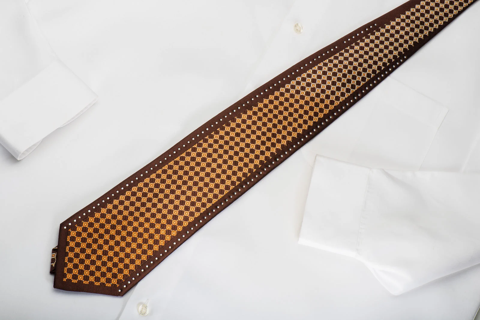 Perry Ellis Rhinestone Silk Necktie Okra Checkered On Brown With Gold Sparkles - Image 3