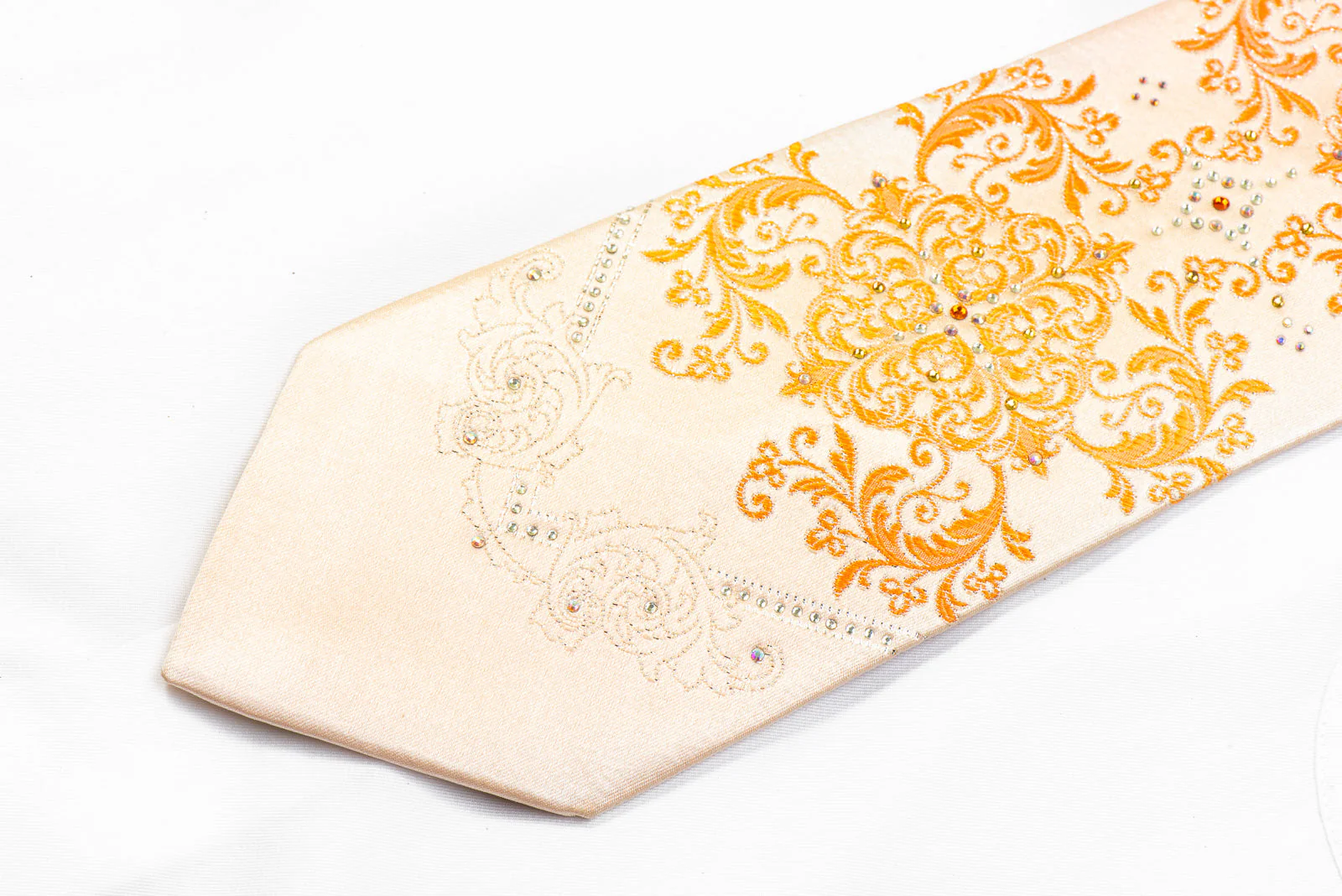Perry Ellis Rhinestone Silk Necktie Orange Damask On Peach With Sparkles - Image 3
