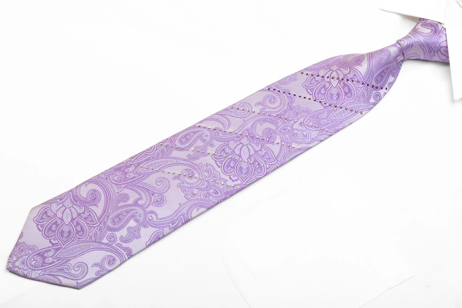 Perry Ellis Rhinestone Silk Necktie Paisley On Mauve With Purple Sparkles - Image 3