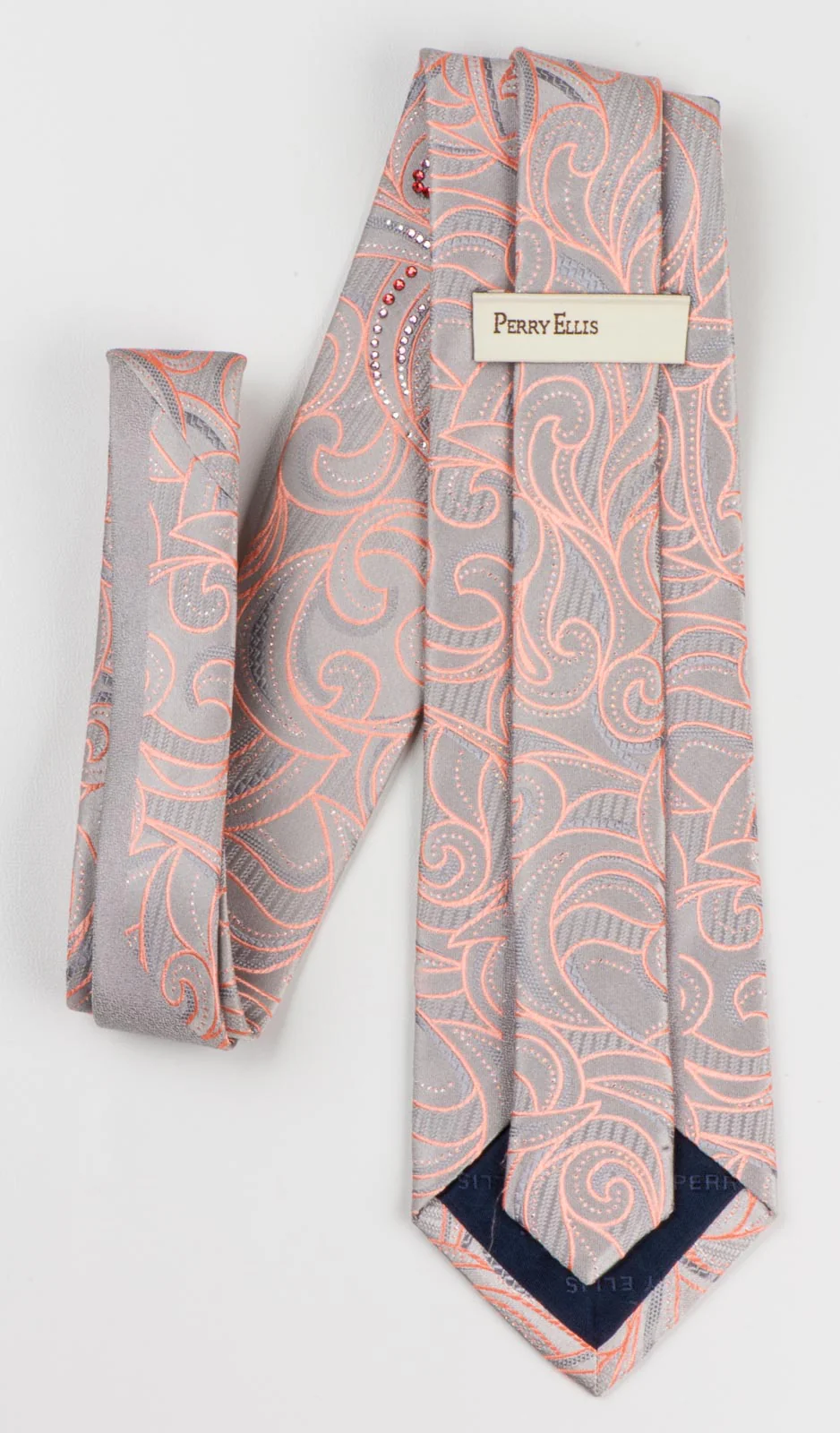 Perry Ellis Rhinestone Silk Necktie Peach Pink Paisley On Silver With Rhinestones - Image 3