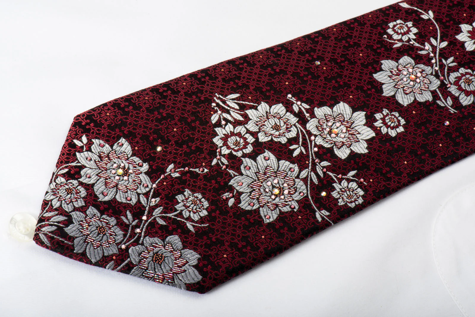 Perry Ellis Rhinestone Silk Necktie Silver Burgundy Floral On Black With Silver Sparkles - Image 5