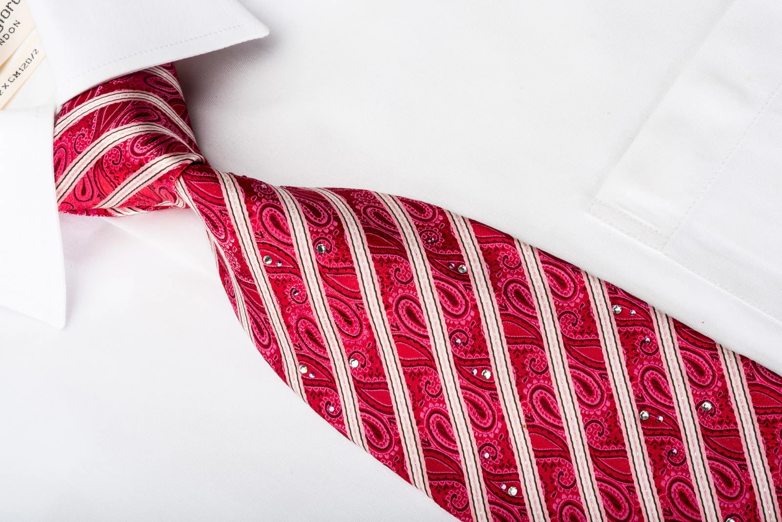 Perry Ellis Rhinestone Silk Necktie Silver Striped On Red Paisley With Silver Sparkles - Image 2