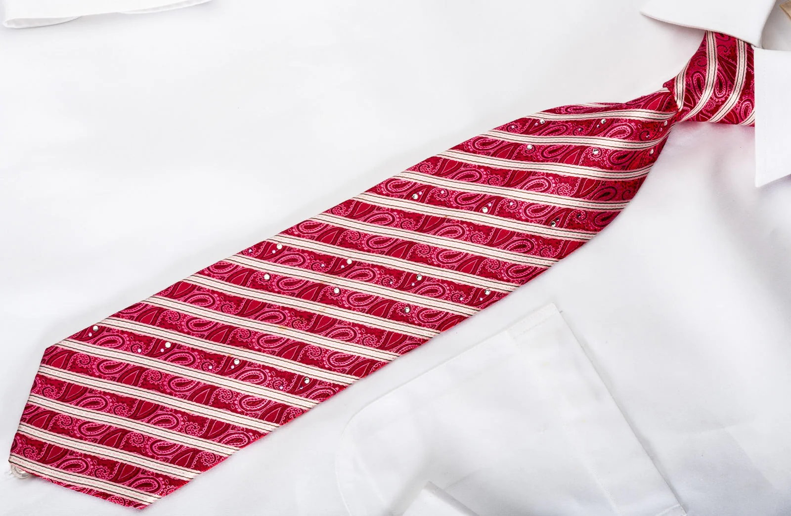 Perry Ellis Rhinestone Silk Necktie Silver Striped On Red Paisley With Silver Sparkles - Image 3