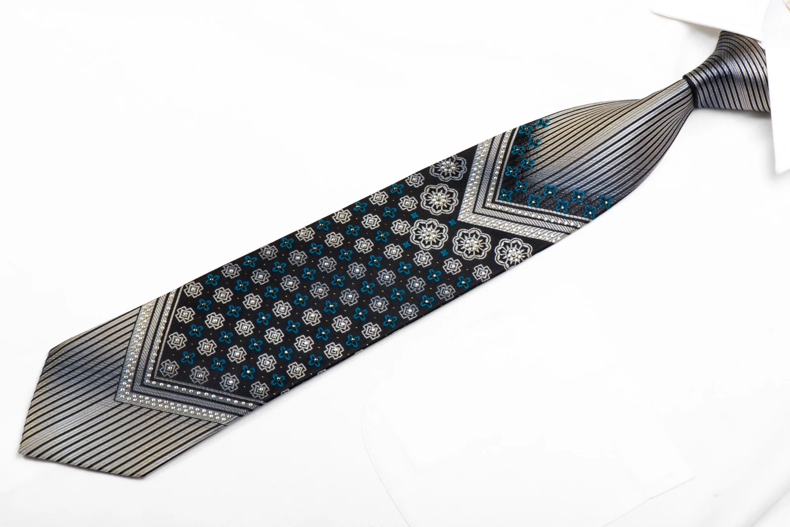 Perry Ellis Rhinestone Silk Necktie Silver V-Striped On Black With Silver Sparkles - Image 3