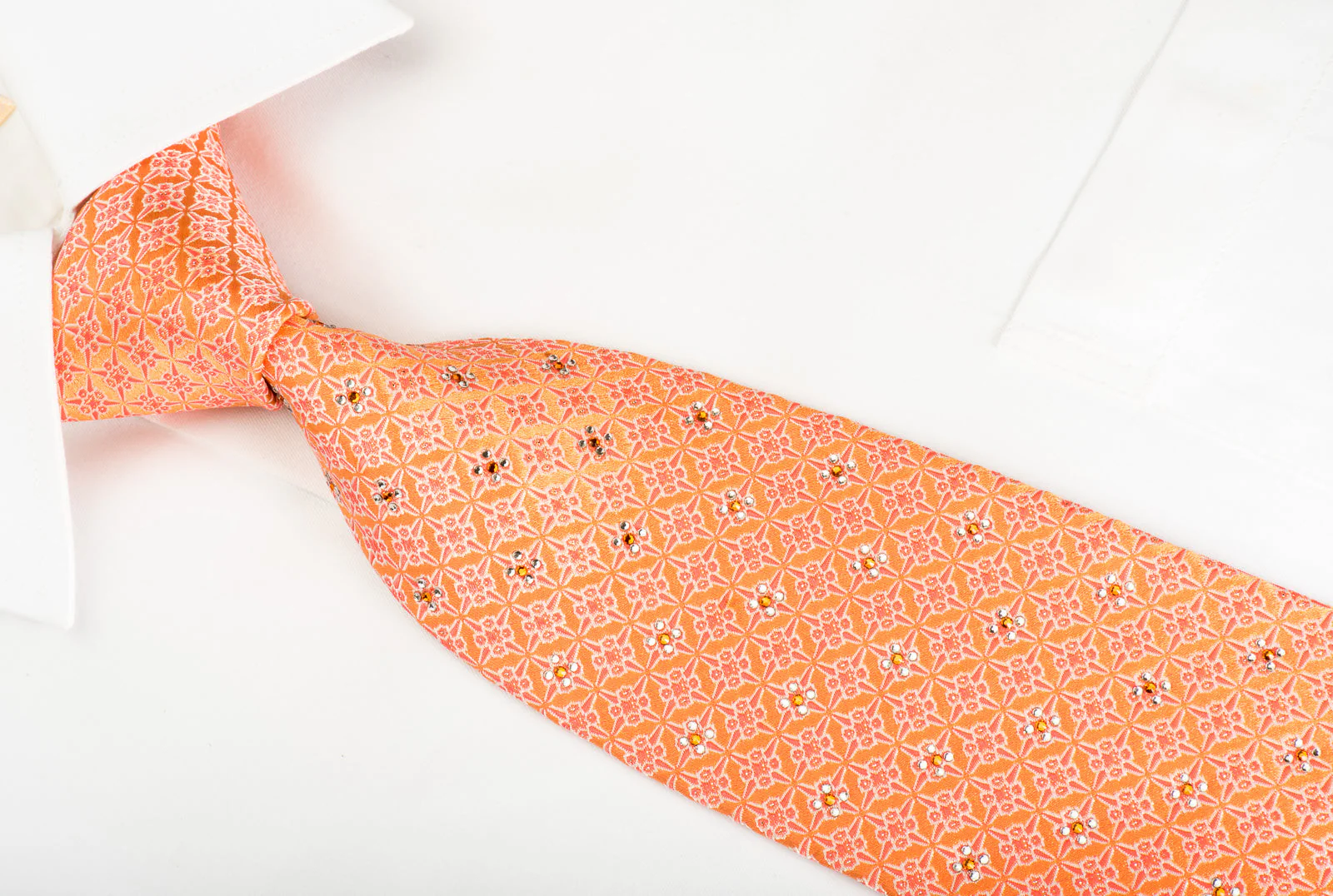 Perry Ellis Rhinestone Silk Necktie Trellis On Orange With Silver Sparkles - Image 2