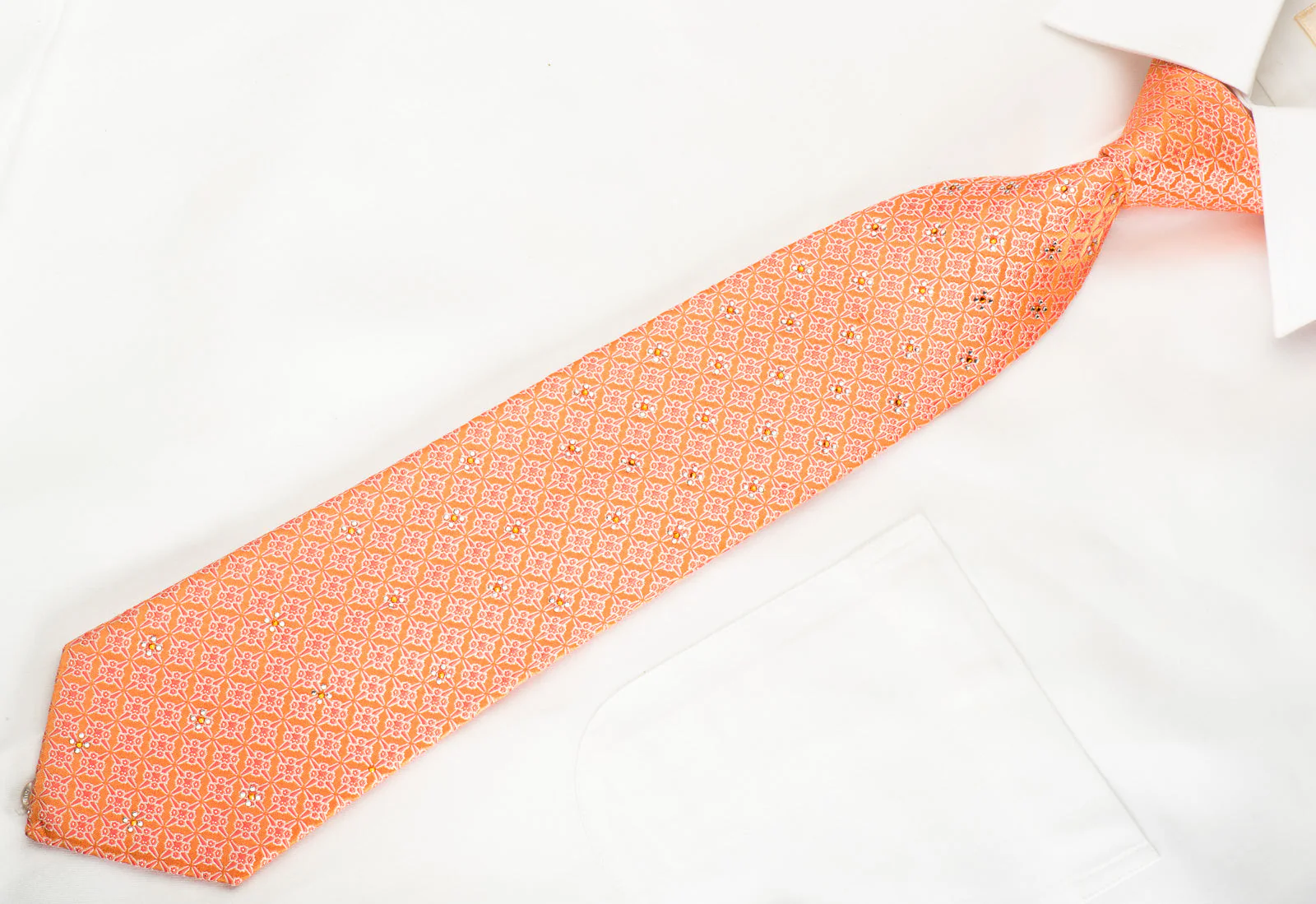 Perry Ellis Rhinestone Silk Necktie Trellis On Orange With Silver Sparkles - Image 3