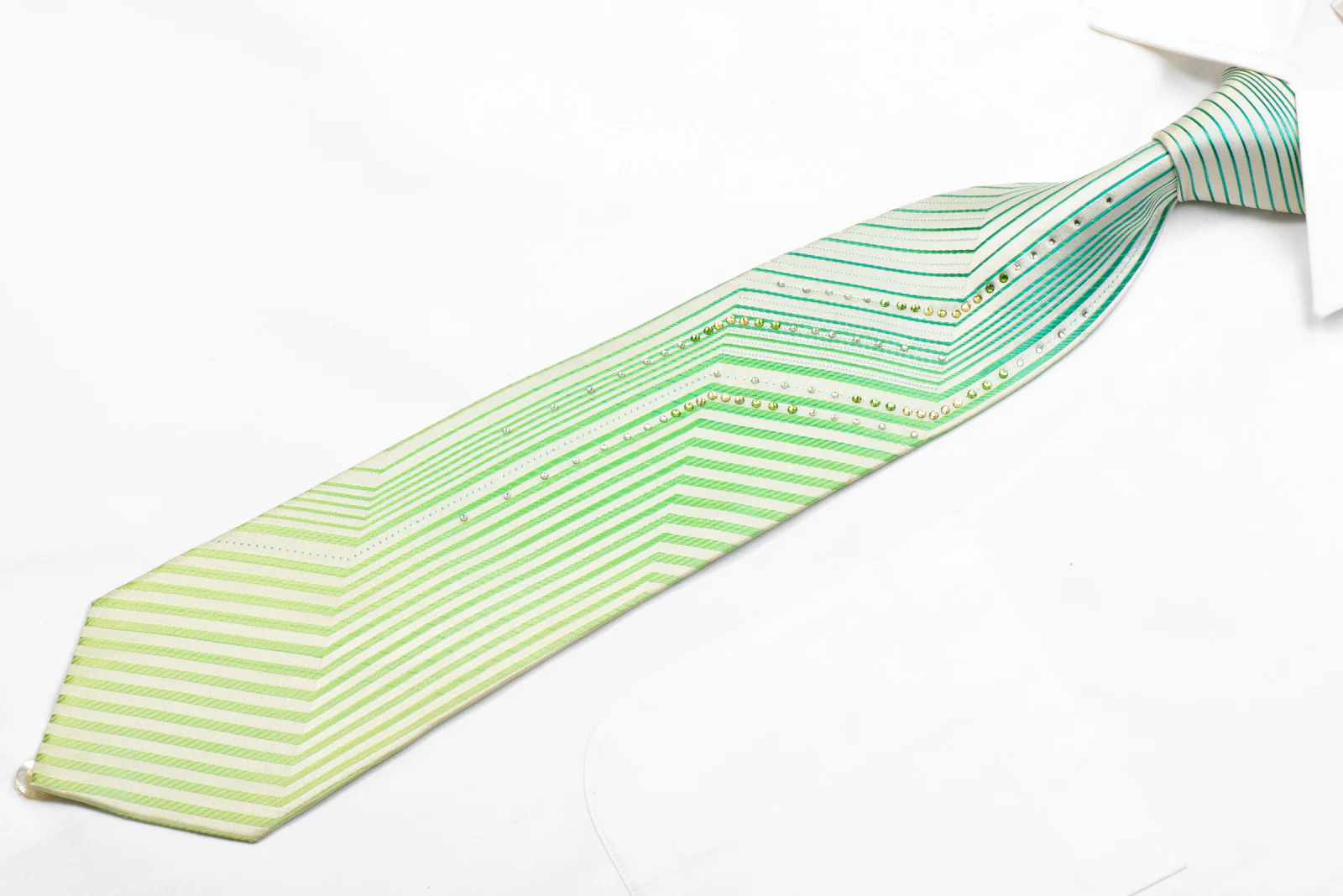 Perry Ellis Rhinestone Silk Necktie Vertical Striped On White With Blue Sparkles - Image 3