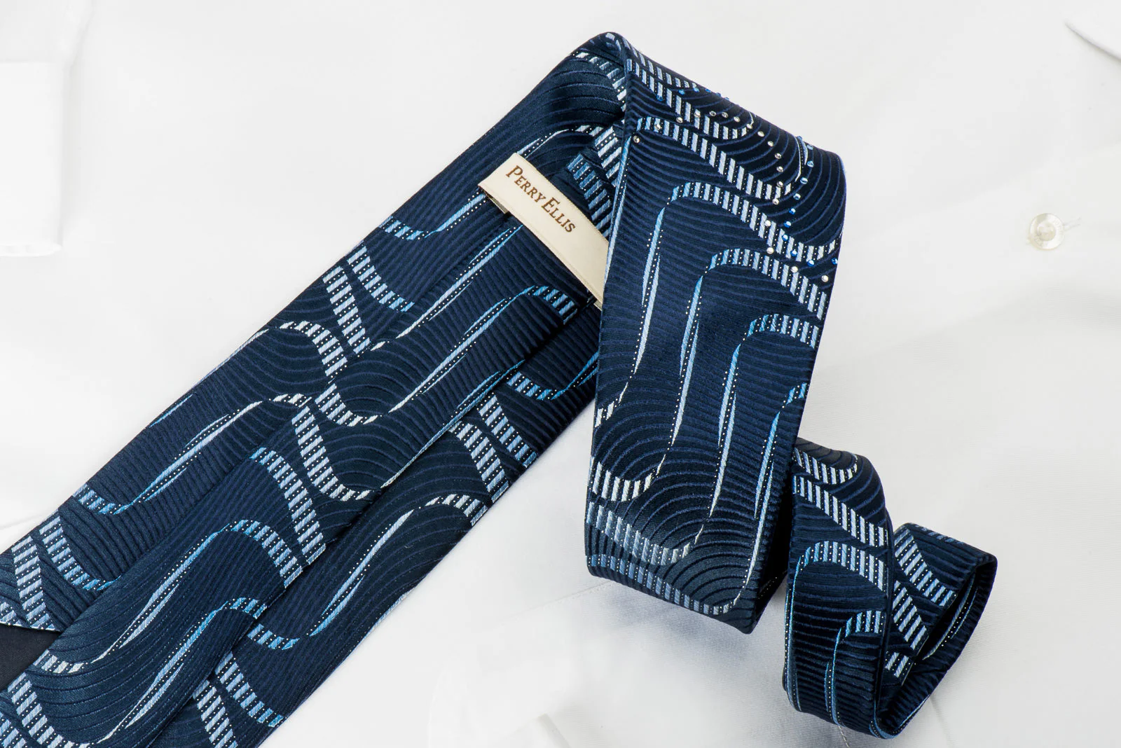 Perry Ellis Rhinestone Silk Necktie Waves On Blue With Silver Sparkles - Image 2