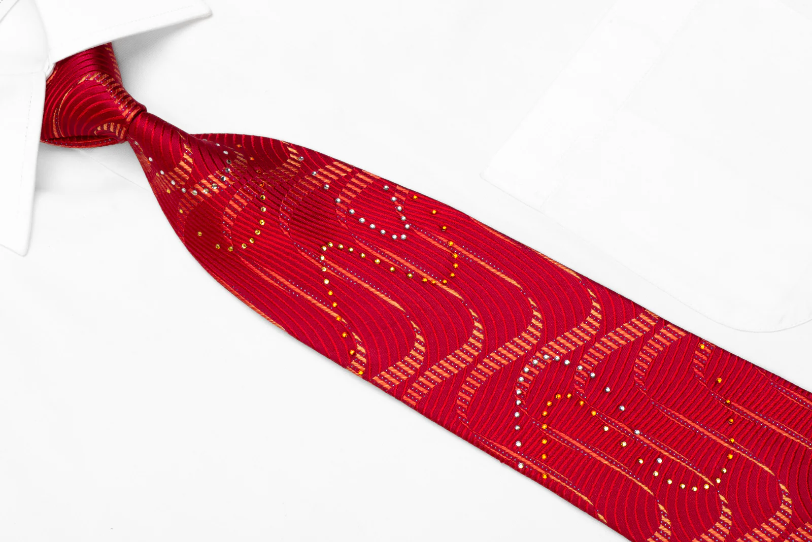 Perry Ellis Rhinestone Silk Necktie Waves On Red With Sparkles - Image 2